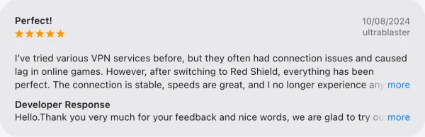 Отзыв ultrablaster, 5 звёзд: стабильное подключение, отличная скорость после перехода на Red Shield VPN